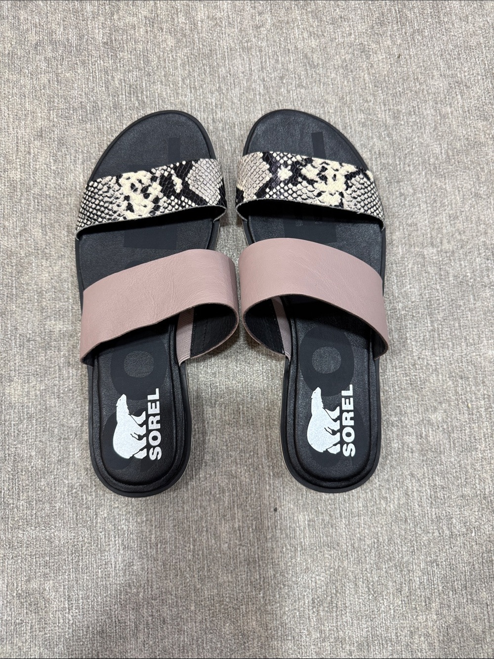 NWOB Sorel Two-Band Slide Sandals in Black, Mauve and Snake Print SZ 9.5